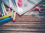 Close Up Office Supplies On Wood Table Made Vintage-retro Style Stock Photo