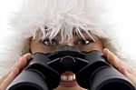 Close Up View Of Woman Holding Binocular Stock Photo