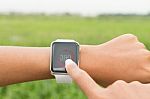 Closeup Runner Using Apple Watch Check Healthy Application Stock Photo