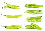 Collection Green Hot Chili Pepper Isolated On The White Backgrou Stock Photo