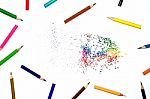 Color Pencil And Pencil On White Background Stock Photo