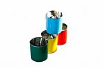 Colorful Empty Cans ( Red Blue Yellow And Green) Isolate On Whit Stock Photo