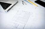 Construction Equipment. Repair Work. Drawings For Building Archi Stock Photo