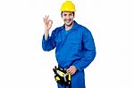 Construction Guy Gesturing Okay Sign Stock Photo