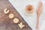 Cook Alphabet Biscuit With Fusili Pasta Alphabet Biscuit On Wooden Table Stock Photo