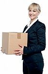 Corporate Woman With A Cardboard Box In Hand Stock Photo