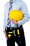 Cropped Image Of A Man With Safety Helmet Stock Photo