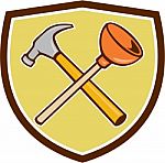 Crossed Hammer Plunger Crest Cartoon Stock Photo