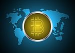 Cryptocurrency Bitcoin On World Map Stock Photo