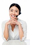 Cute Asian Female As Help Desk Operator Stock Photo