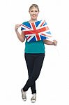 Cute Blonde Uk Supporter Striking Stylish Pose Stock Photo