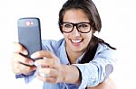 Cute Brunette Woman Taking Photo Of Herself Stock Photo