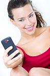 Cute Brunette Woman Taking Photo Of Herself Stock Photo