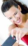 Cute Brunette Woman Taking Photo Of Herself Stock Photo