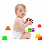 Cute Infant Boy With Apple Stock Photo