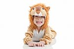 Cute Little Boy Dressed In Lion Suit Stock Photo