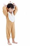 Cute Little Child Dressed In Lion Suit Stock Photo