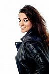 Dashing Young Girl In Leather Jacket Stock Photo