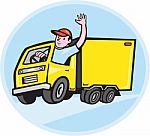 Delivery Truck Driver Waving Cartoon Stock Photo