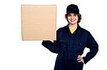 Delivery Woman Balancing A Sealed Carton Stock Photo