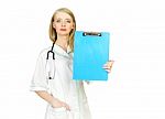 Doctor Showing Empty Clipboard Stock Photo
