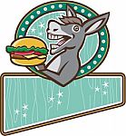 Donkey Mascot Serve Burger Rectangle Oval Retro Stock Photo