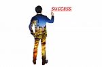 Double Exposure Of City And Businessman With Pen, Business Success Concept Stock Photo