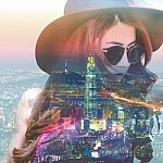 Double Exposure,beautiful Girl And Cityscape Stock Photo