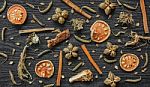 Dried Herbs And Ginseng, Top View Of Thai Herbs And Ginseng On Wooden Floor Stock Photo