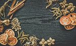 Dried Herbs And Ginseng, Top View Of Thai Herbs And Ginseng On Wooden Floor Stock Photo