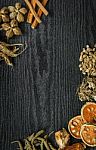 Dried Herbs And Ginseng, Top View Of Thai Herbs And Ginseng On Wooden Floor Stock Photo