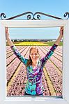 Dutch Woman Standing In Window In Front Of Pink Flowers Field Stock Photo