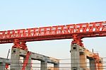 Elevated Rail Track On Large Columns At Construction Site Stock Photo