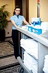 Employee Pushing Housekeeping Cart Stock Photo