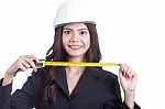 Engineer Girl Holding Cartridges Meters Stock Photo