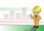 Engineers  Cartoon On Building Background Stock Photo