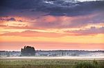 Evening Mist After Rain. Stormy Clouds At Sunset Stock Photo