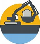 Excavator Digger Handling House Circle Retro Stock Photo