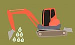 Excavator Digs Money Bags Stock Photo