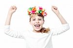 Excited Charming Kid Raising Her Arms Up Stock Photo