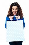 Excited Woman Holding Shopping Bags Gently Stock Photo