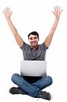 Excited Young Guy With Laptop Stock Photo