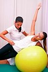 Exercises Control Basin Trunk With Bobath Ball Fitball Stabiliza Stock Photo