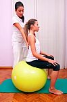 Exercises Control Basin Trunk With Bobath Ball Fitball Stabiliza Stock Photo