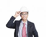 Face Of Asian Engineer Man Nice Emotion With Safety Helmet Isola Stock Photo