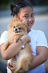 Face Of Girl Holding Pomeranian Dog Stock Photo