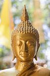 Face Of Golden Buddha Sculpture, Thailand Stock Photo