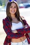 Fashion Portrait Of Beautiful Girl In The City Stock Photo