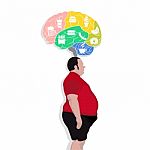 Fat Man Think With Junk Food Icon Stock Photo