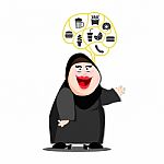 Fat Muslim Woman Happy With Think With Junk Food Icon Stock Photo